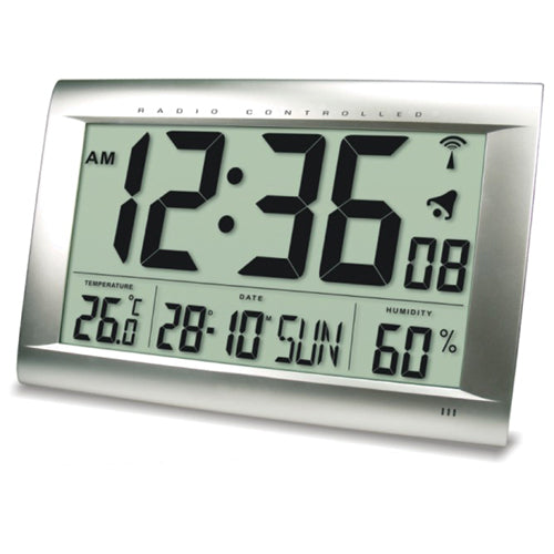 Technoline Digitalwecker – Funk, Schlummerfunktion, Thermometer/Hygrometer, 41 × 27 × 4,3 cm, Silber