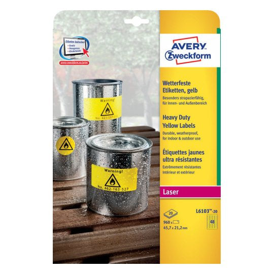 Avery Drucketiketten, 46 mm × 21 mm, gelb, Folie, extra stark, 20 Blatt (960 Etiketten)