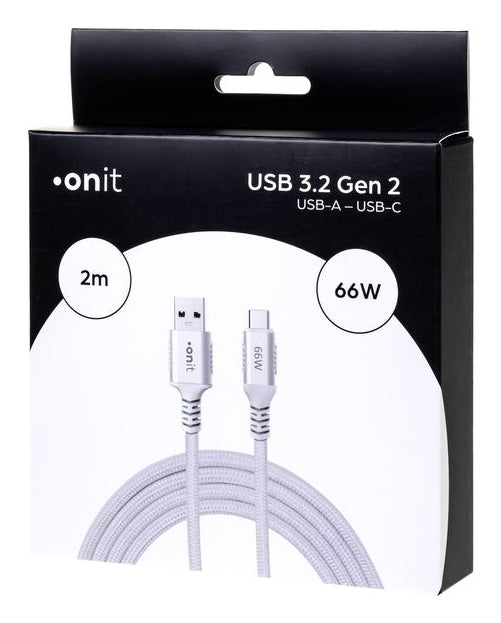 ONIT USB-A auf USB-C Kabel – USB 3.2 Gen 2 (10 Gbit/s) – 2 m – PD 66 W – Textilmantel – Weiss