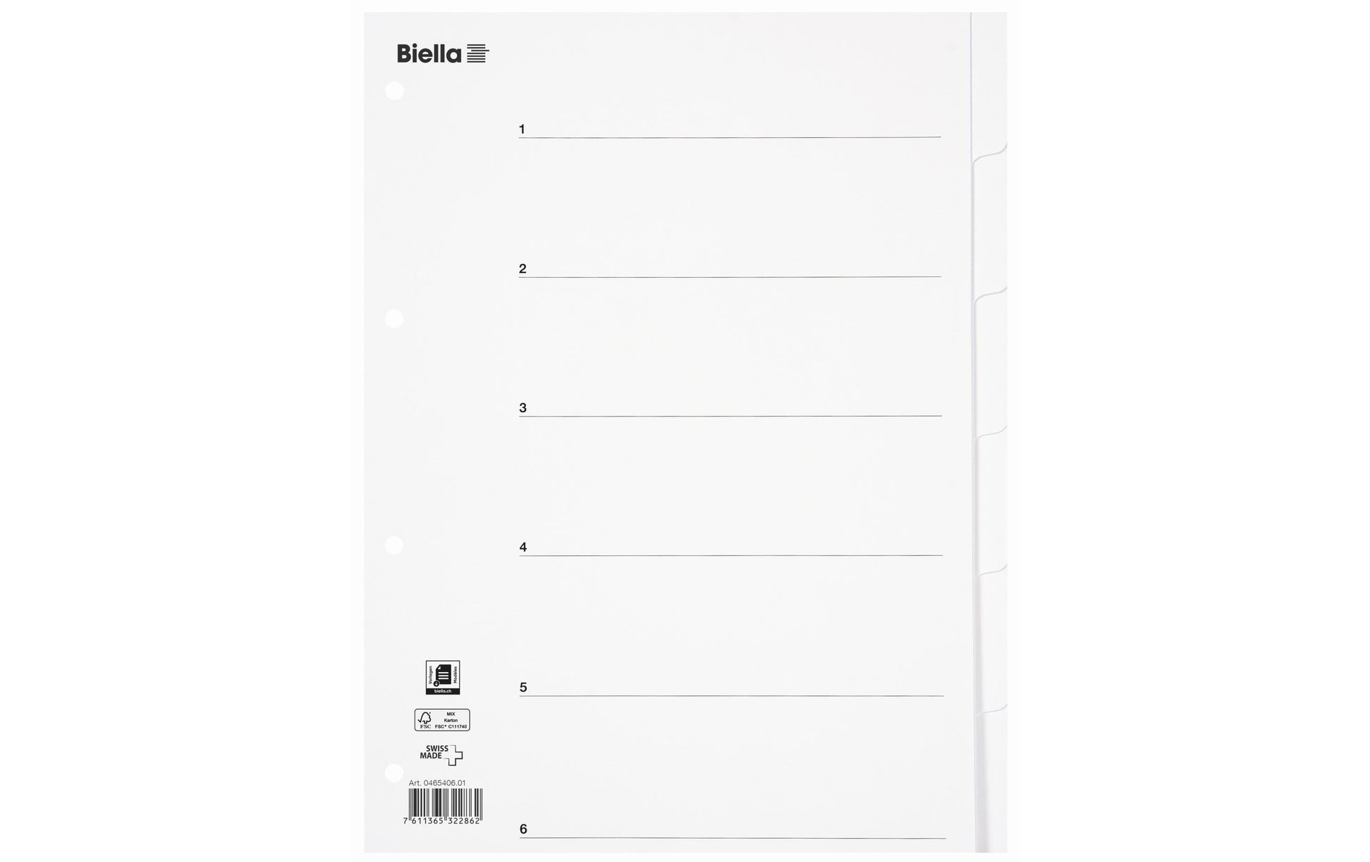 Biella Register – Vollformat, 6-teilig, Karton, weiss, unbedruckt, Indexblatt, 11-fach – für A4 hoch