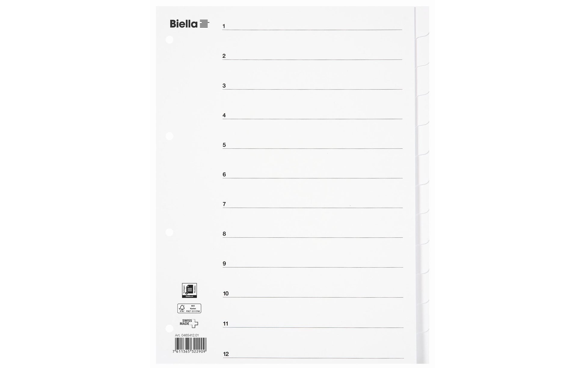Biella Register – Vollformat, 12-teilig, Karton, weiss, unbedruckt, 11-fach Lochung, für A4 hoch