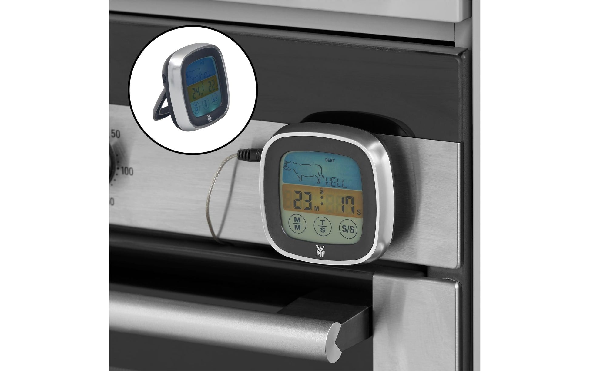 WMF Digitales Bratenthermometer – kabelgebunden, Messbereich −20 bis +250 °C – Cromargan, Silber