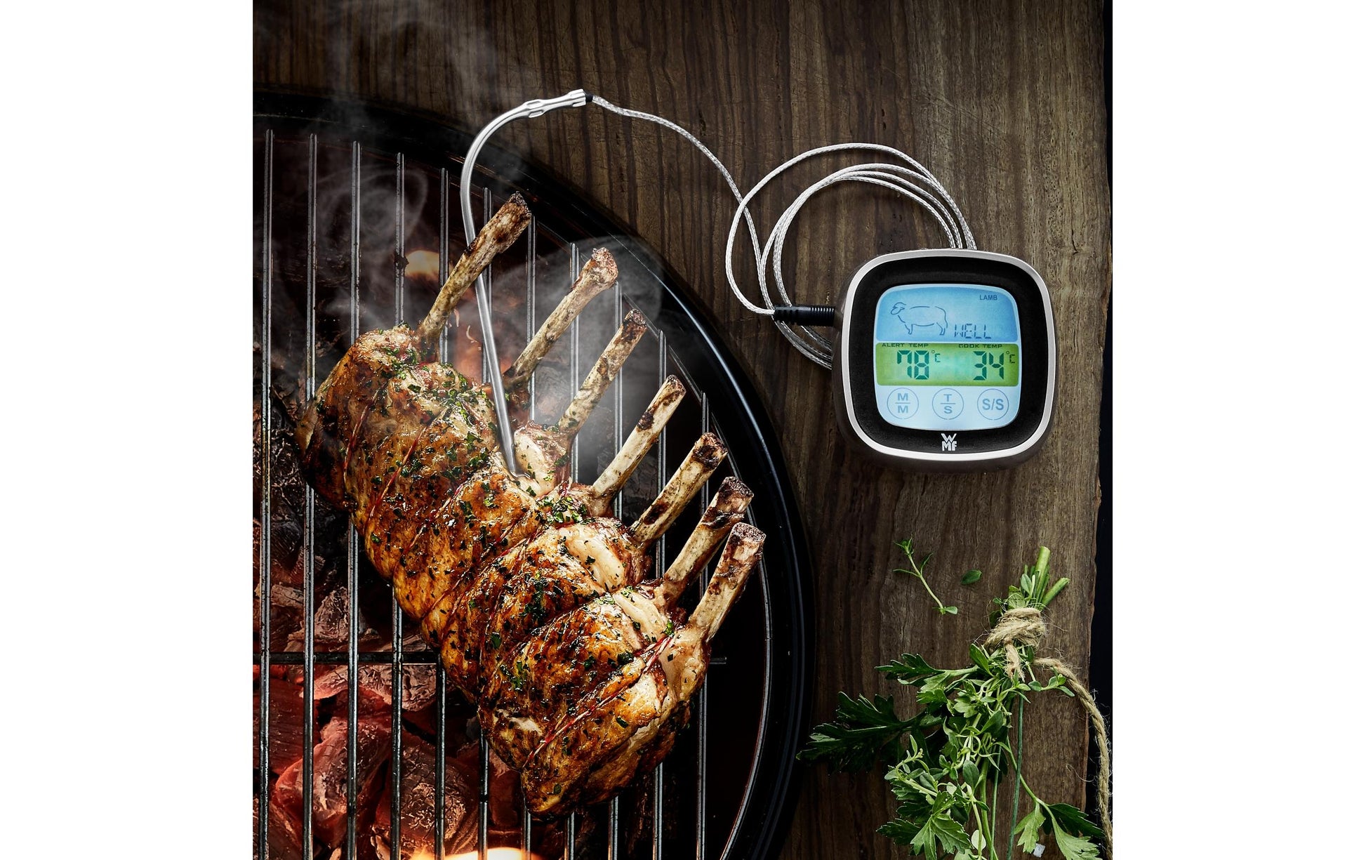 WMF Digitales Bratenthermometer – kabelgebunden, Messbereich −20 bis +250 °C – Cromargan, Silber