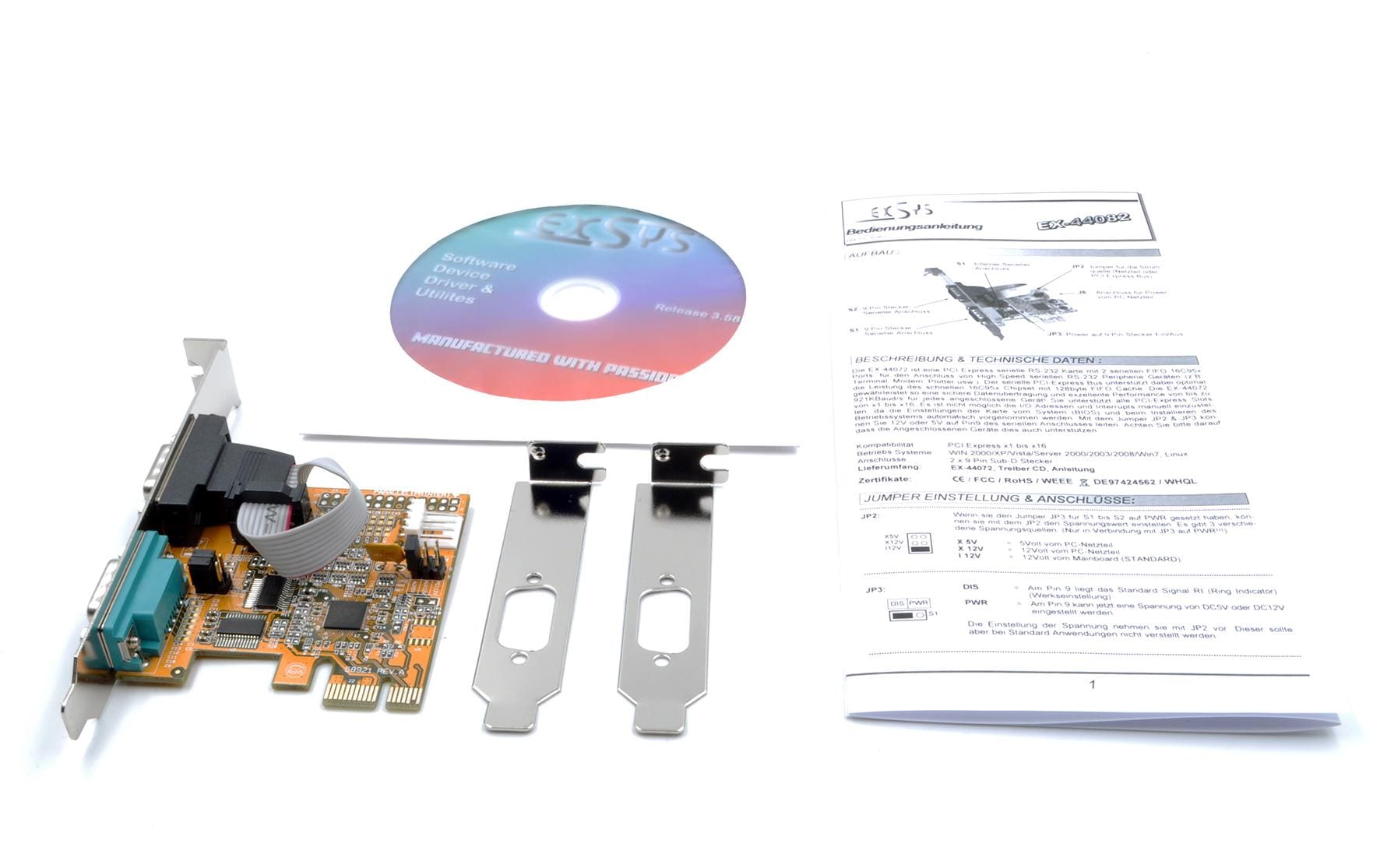 EXSYS EX-44082 PCIe x1 Karte – 2× RS-232 (DB-9), bis 921,6 Kbit/s – Low-Profile – für PC/Server