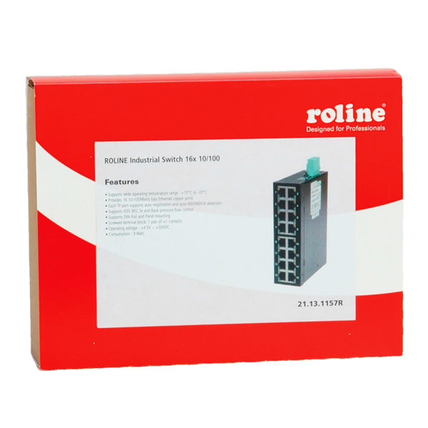 ROLINE Industrie Switch – 16×Fast Ethernet (10/100), Hutschiene, Schwarz