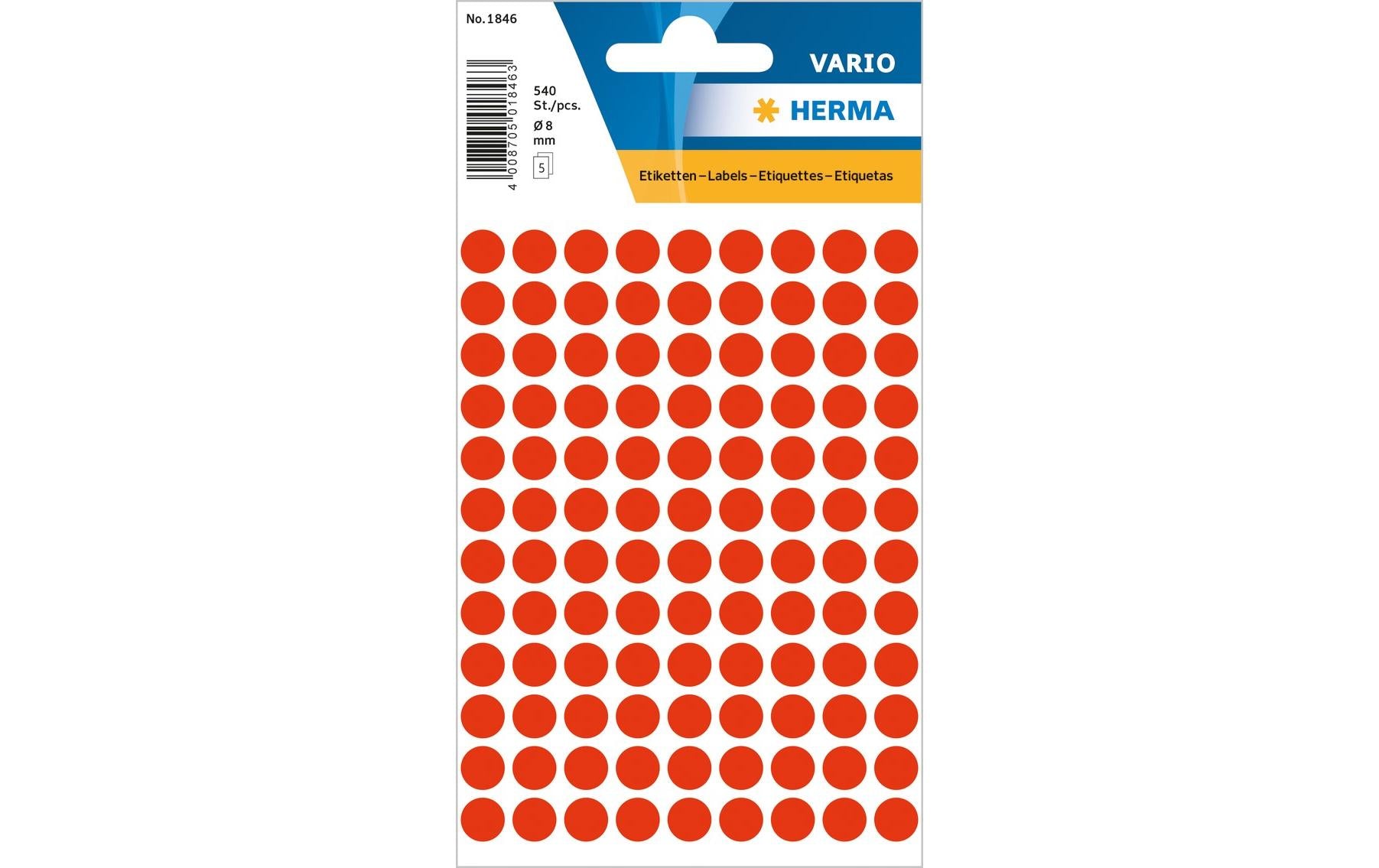 HERMA Vario Schuletiketten – Motiv Farbpunkte, Leuchtrot – Ø 8 mm, 540 Stk, 5 Bogen, Permanent Haftend