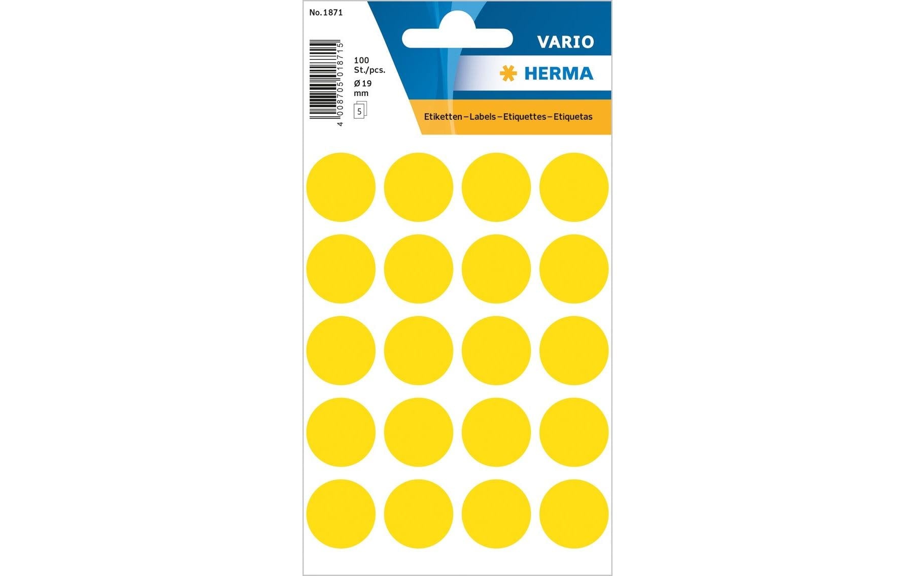 HERMA Vario Schuletiketten – Motiv Farbpunkte – Ø 19 mm, 100 Stk, 5 Bogen, Papier