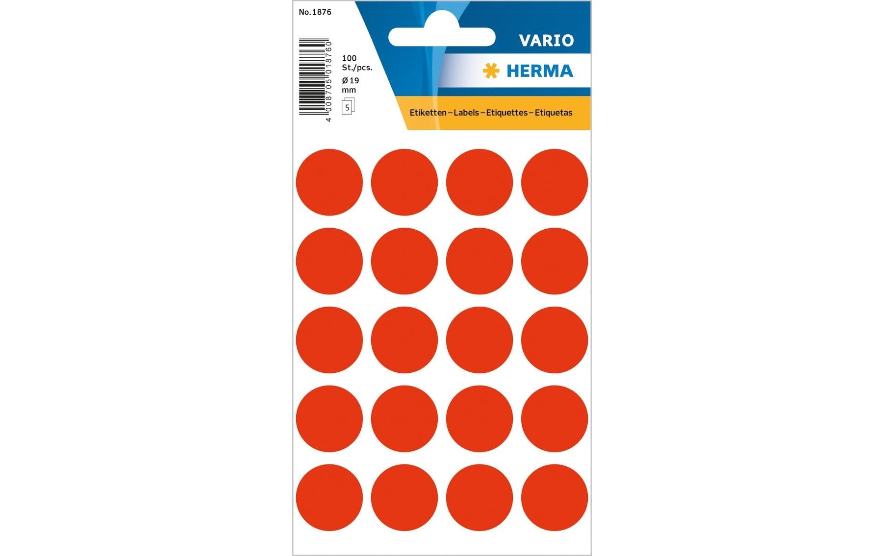 HERMA Vario Schmucketiketten – Motiv Farbpunkte, Leuchtrot – Papier, 100 Stk, 5 Bogen, Ø 19 mm