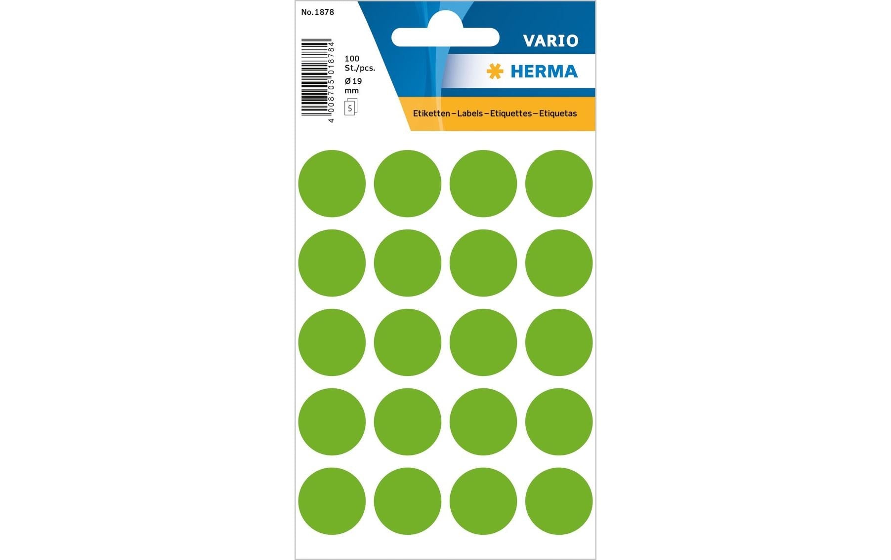 HERMA Vario Schuletiketten – Motiv Farbpunkte – Ø 19 mm, 100 Stk, 5 Bogen, Papier, permanent haftend