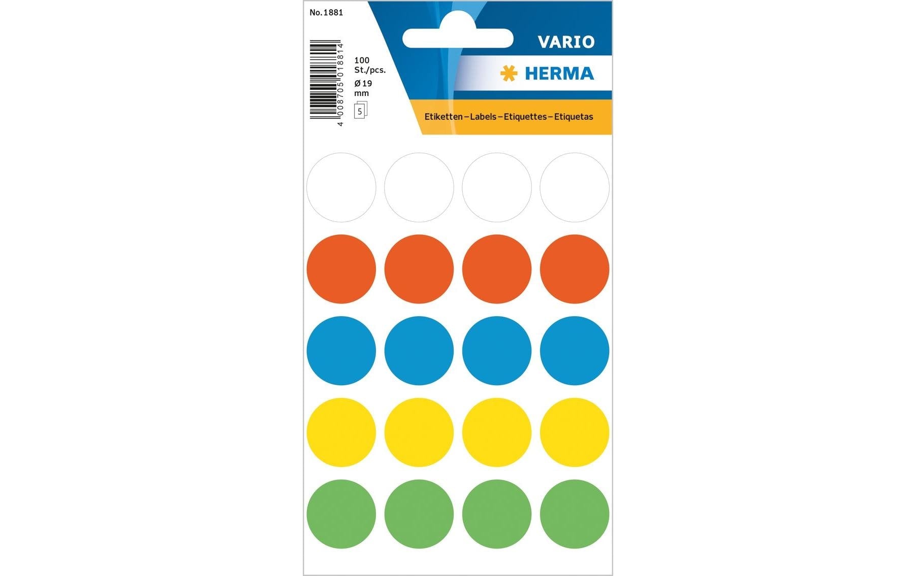 HERMA Vario Schuletiketten – Motiv Farbpunkte – Ø 19 mm, 100 Stk, 5 Bogen, Papier, permanent haftend