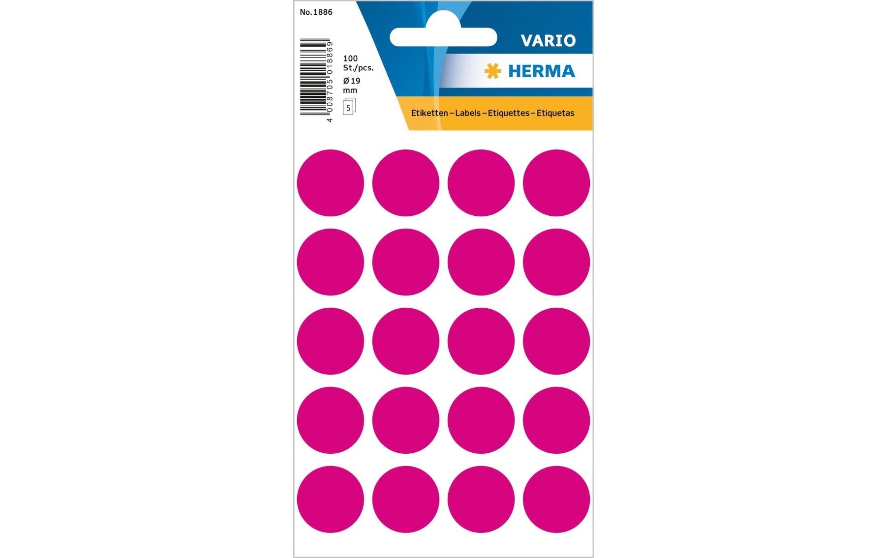 HERMA Vario Schmucketiketten – Motiv Farbpunkte – Papier, 100 Stk, 5 Bogen, Ø 19 mm, permanent haftend
