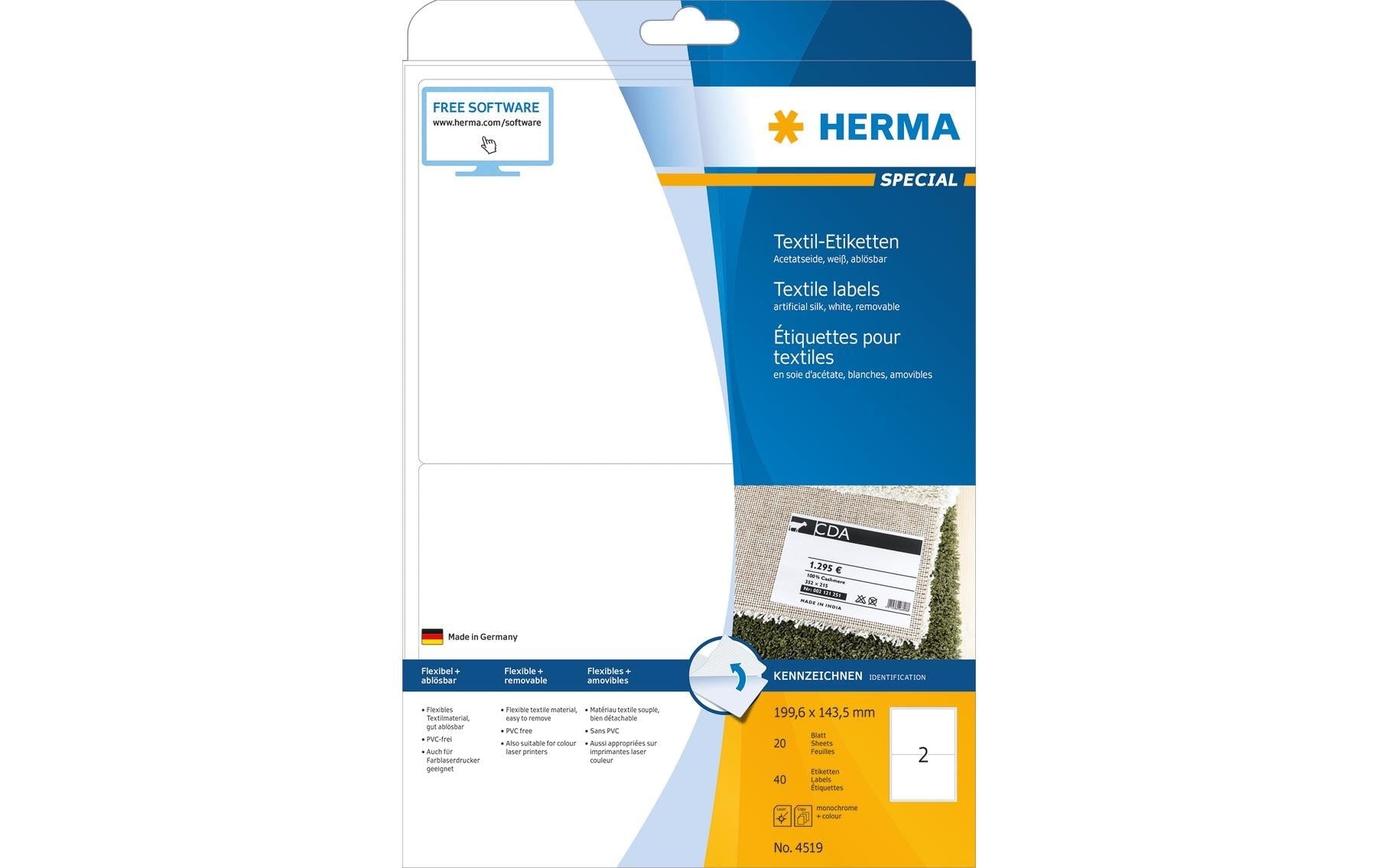 HERMA Textiletiketten, 200 mm × 144 mm, weiss, Textil, selbstklebend, 20 Blätter (40 Etiketten)