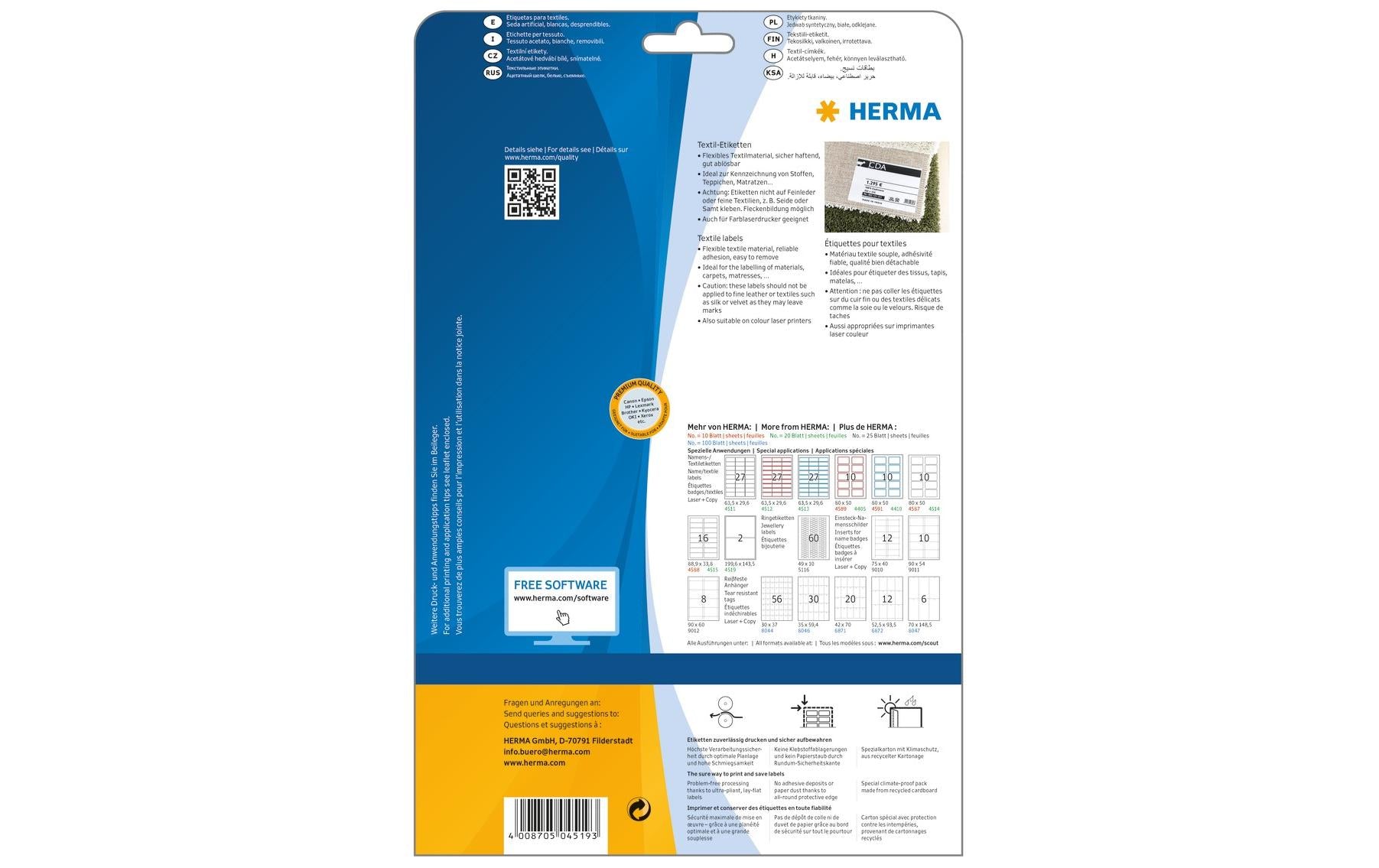 HERMA Textiletiketten, 200 mm × 144 mm, weiss, Textil, selbstklebend, 20 Blätter (40 Etiketten)