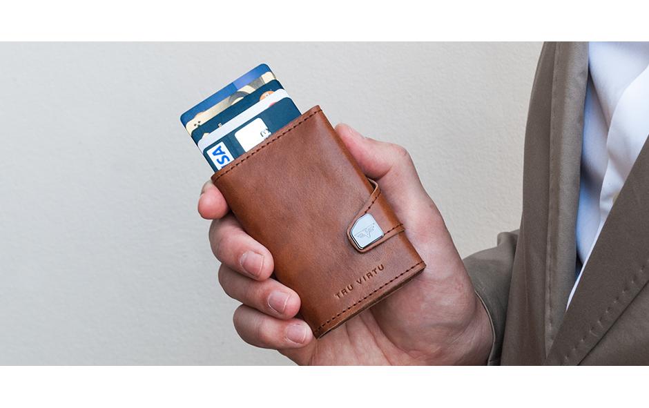 TRU VIRTU Kartenetui – RFID-Schutz, Druckknopf – 12 Karten, 99 × 21 × 67 mm – Schwarz – Aluminium/Leder