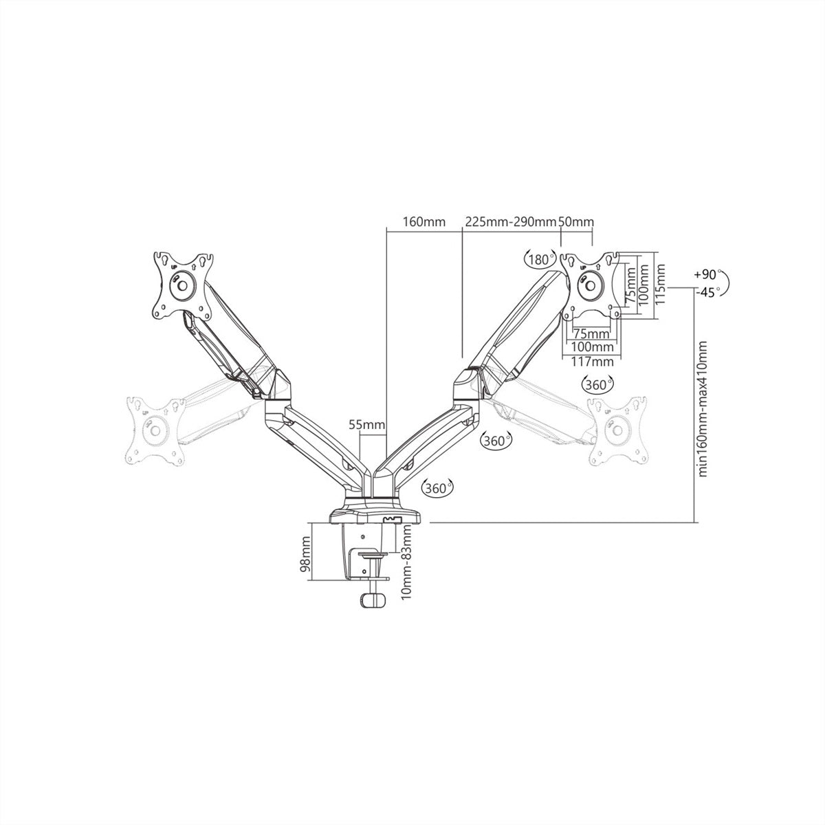 VALUE Monitorarm Tischhalterung – 2 Monitore – 12–27" – VESA 75×75/100×100 mm – Gasfeder – Schwarz
