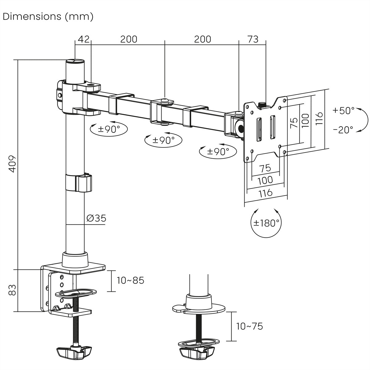 VALUE Schwerlast-LCD-Arm – Monitorarm Tischhalterung – 17–49" – VESA 75×75/100×100 mm – bis 20 kg pro Monitor