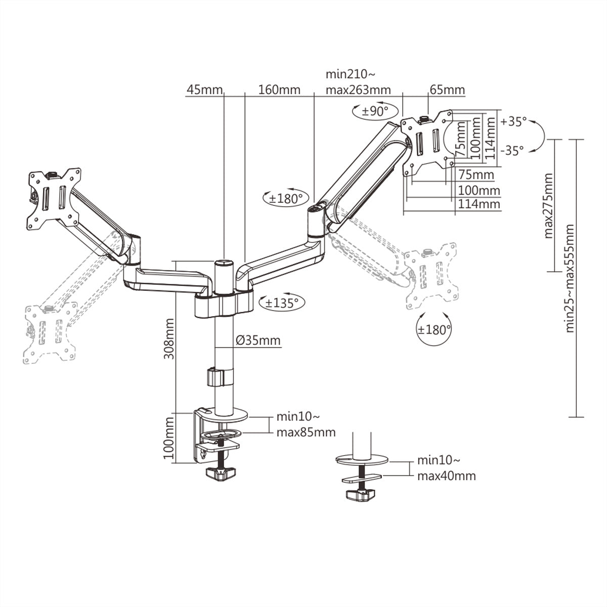 VALUE Dual-Arm – Monitorarm Tischhalterung – 2 Monitore – 17–32" – VESA 75×75/100×100 mm – bis 9 kg/Monitor