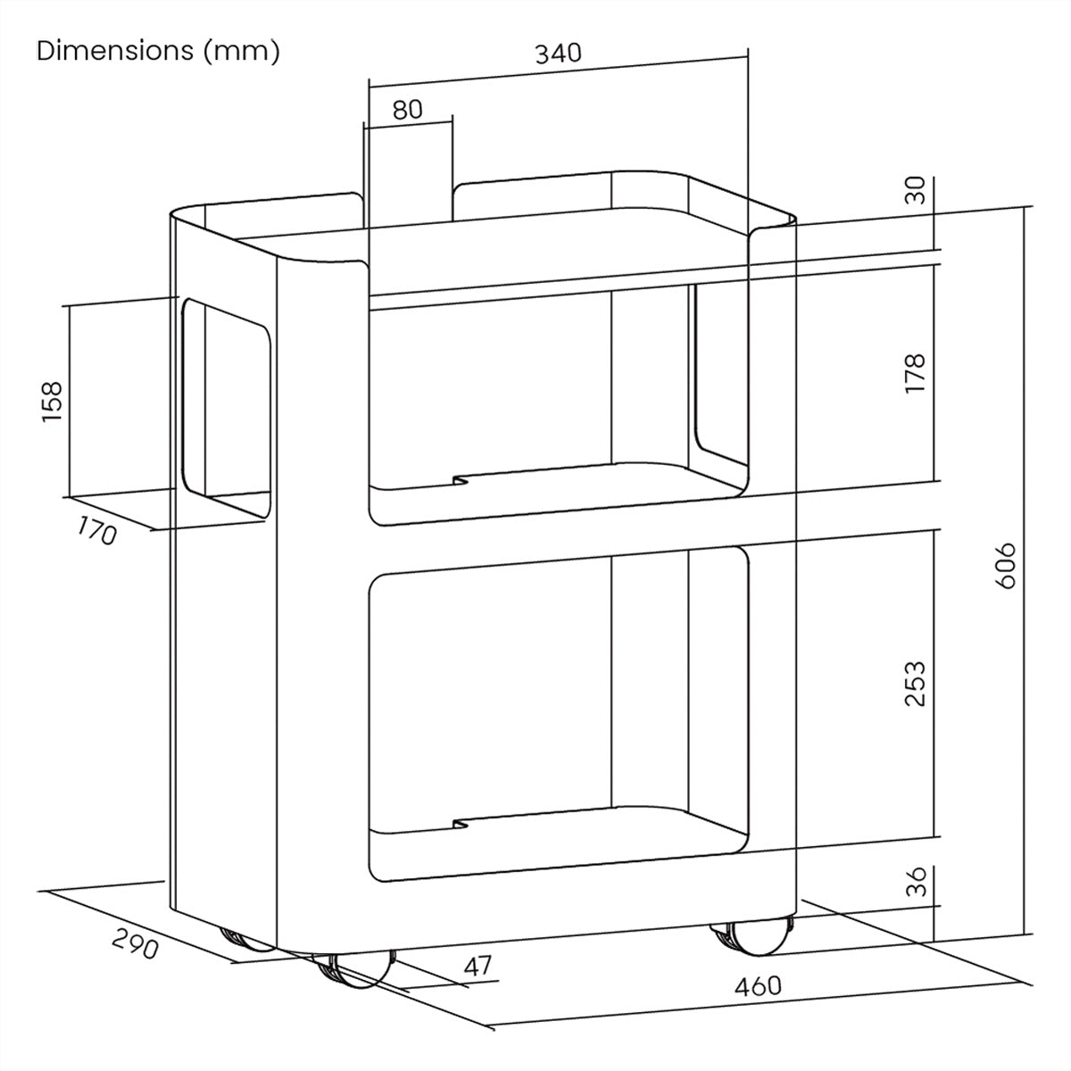 VALUE Bürowagen, offen – freistehend – 3 Böden – 46,0 × 29,0 × 60,6 cm – 10/20/20 kg (oben/mitte/unten)