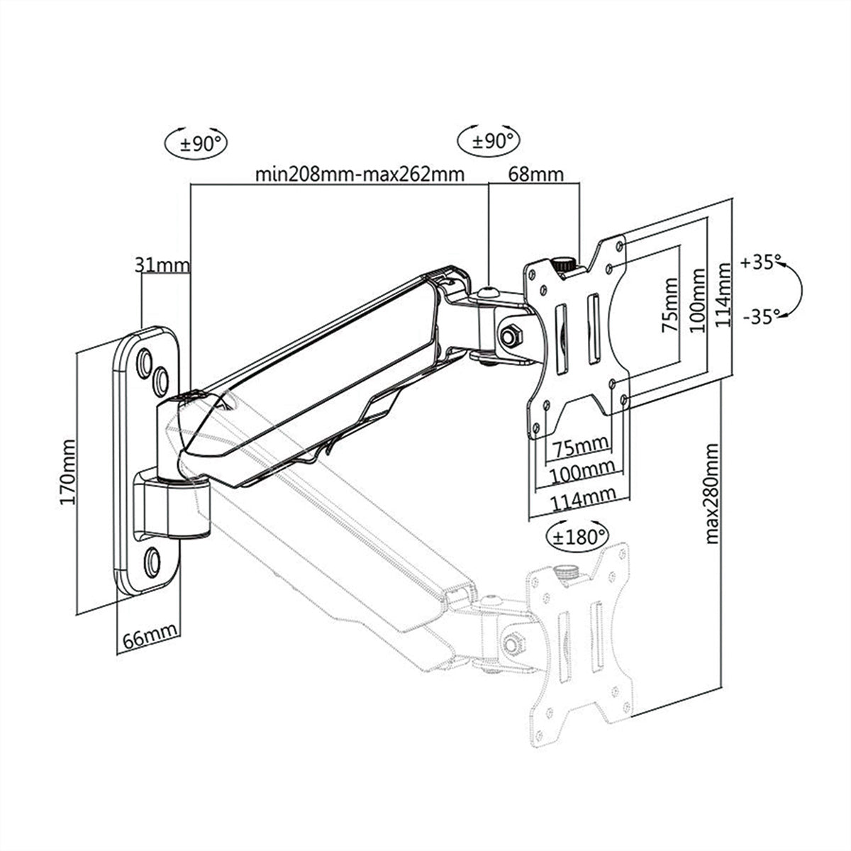 VALUE Monitor-Wandhalterung – 1 Monitor – 17–32" – VESA 75×75/100×100 mm – bis 8 kg/Monitor – Gasfeder