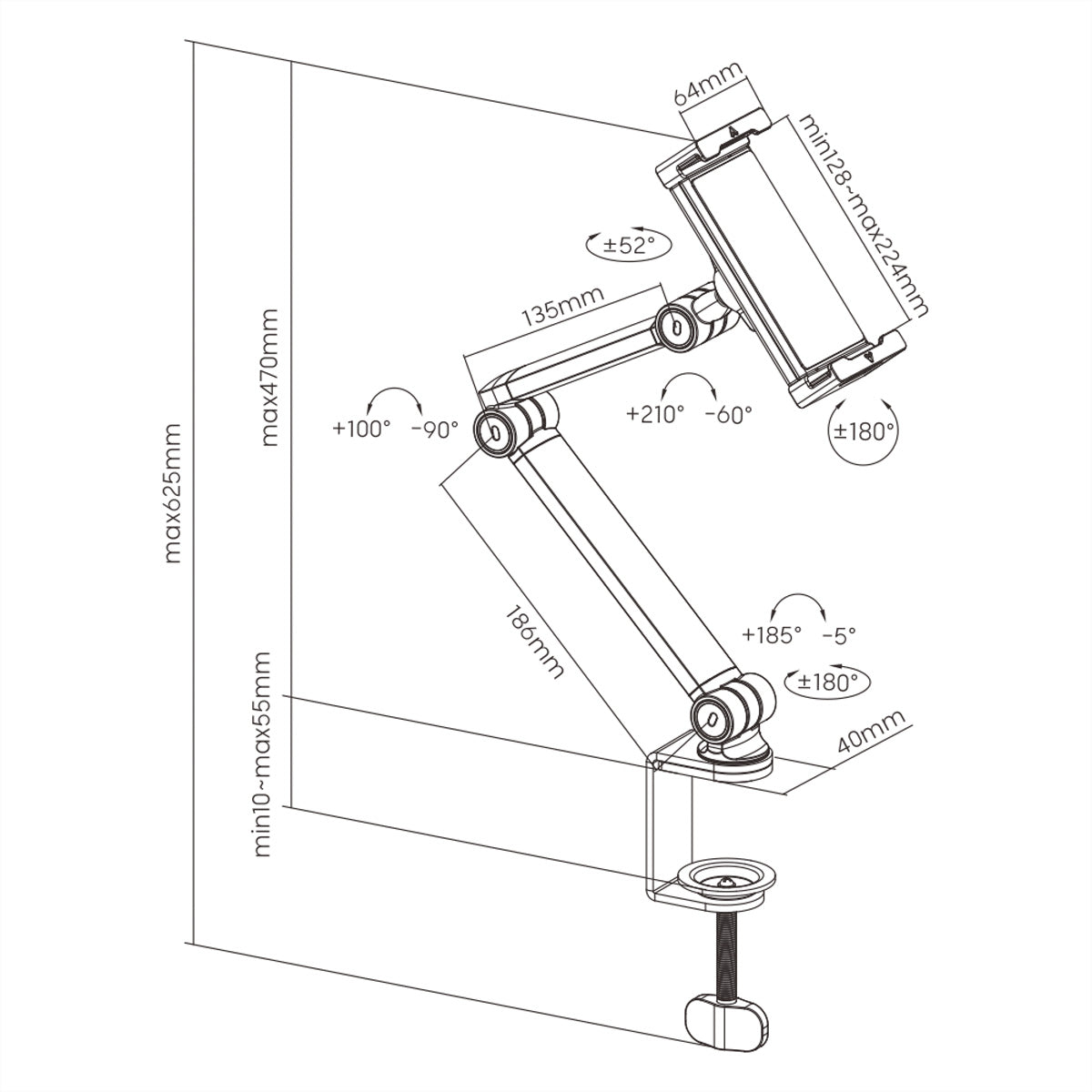 VALUE Tablet-Arm (Tischklemme) – für 4,7–12,9″, mit Kugelgelenk, bis 1 kg – Schwarz