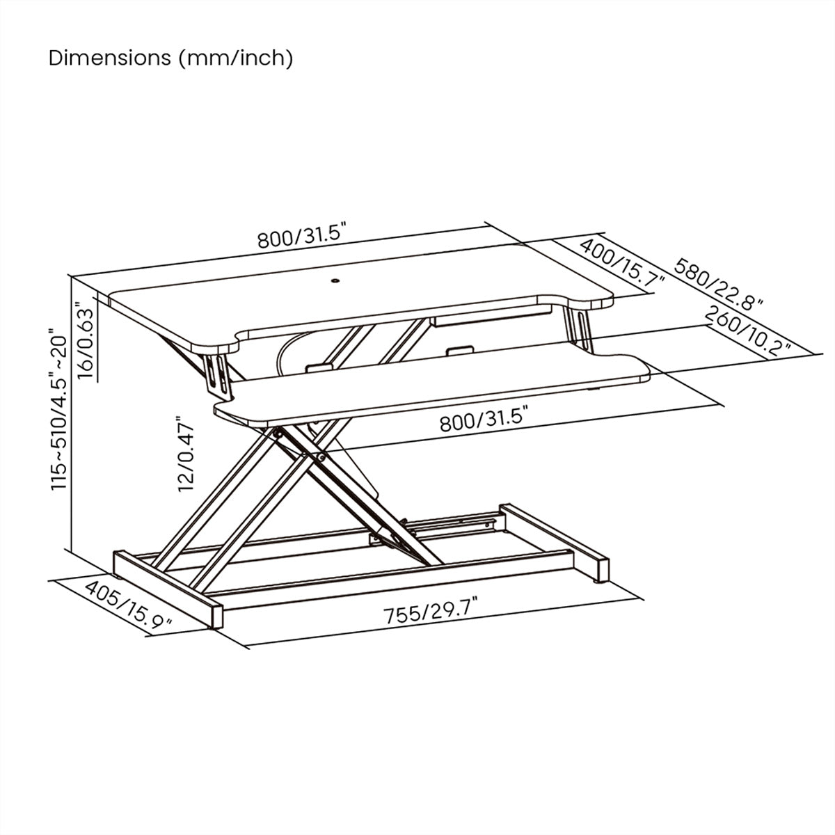 VALUE Höhenverstellbarer Tisch, 80 × 40 cm, Gasfeder, 11,5–51 cm, 15 kg, schwarz