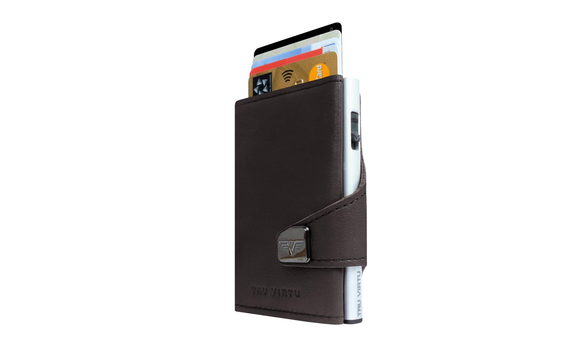 Tru Virtu – Kartenetui – RFID-Schutz, Knopfdruckverschluss, 5 Kartenfächer – 99×67×21 mm – Braun/Silber