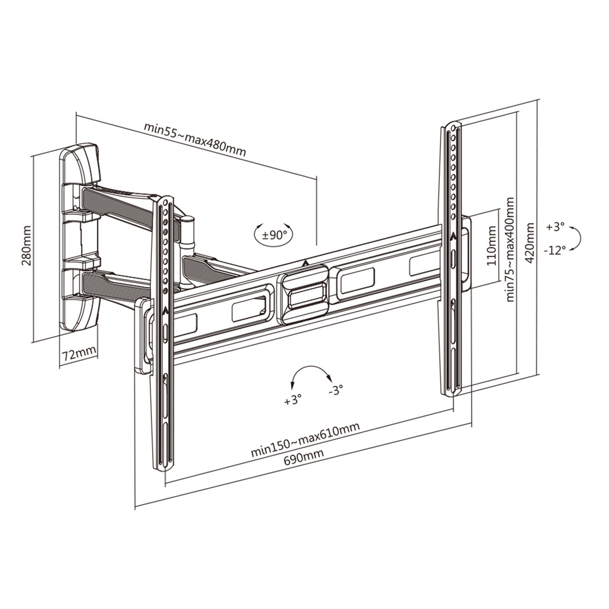 VALUE Wandhalterung – Vollbeweglich – 37–70" – VESA 200×200–600×400 – bis 35 kg, Schwarz