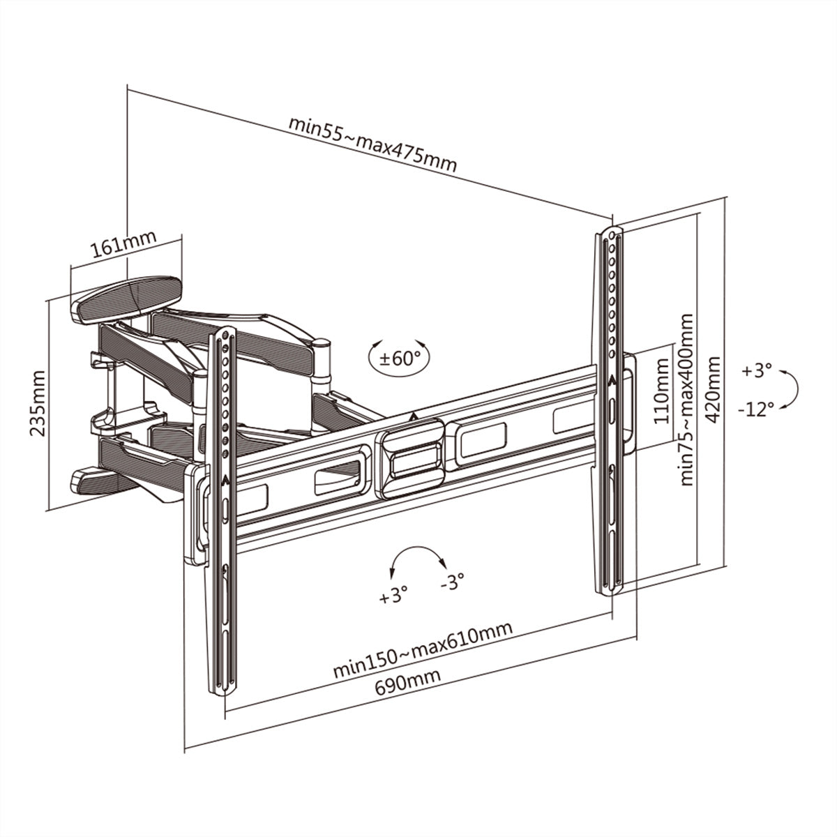 VALUE Wandhalterung – Vollbeweglich – 37–80" – VESA 200×200–400×400 – bis 45 kg, für TVs – Schwarz