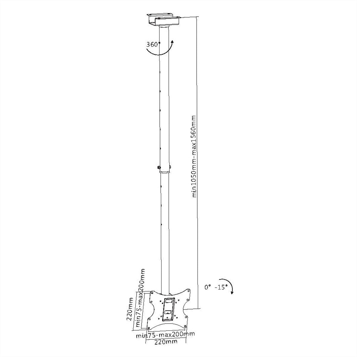 VALUE Deckenhalterung – bis 42" – VESA 75×75–200×200 – bis 50 kg, Teleskopmast, für 1 Display – Schwarz
