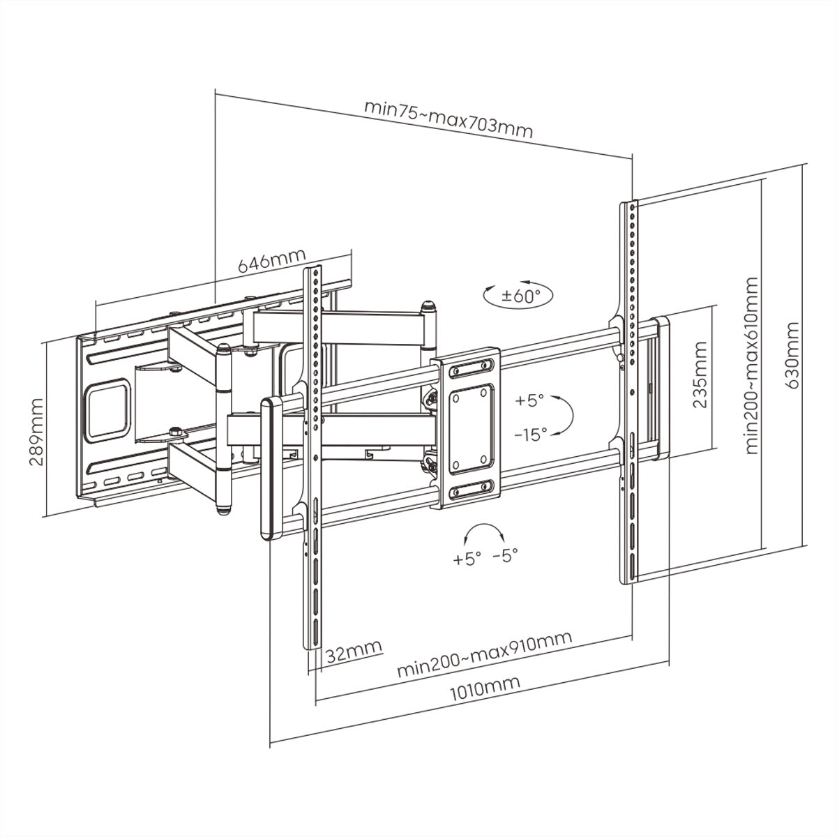 VALUE Wandhalterung – Vollbeweglich – 60–120" – VESA 200×200–900×600 – bis 120 kg, Schwarz