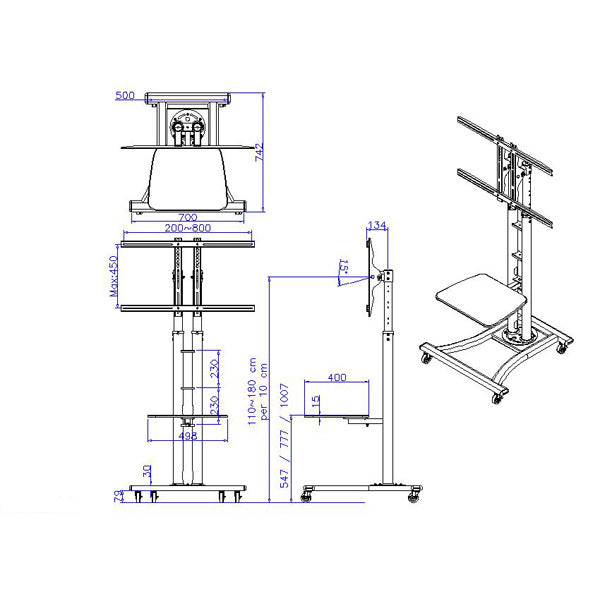 VALUE TV-Wagen – 27–60" – VESA 200×200–800×400 – bis 50 kg, Höhenverstellbar, mit Rollen – Silber
