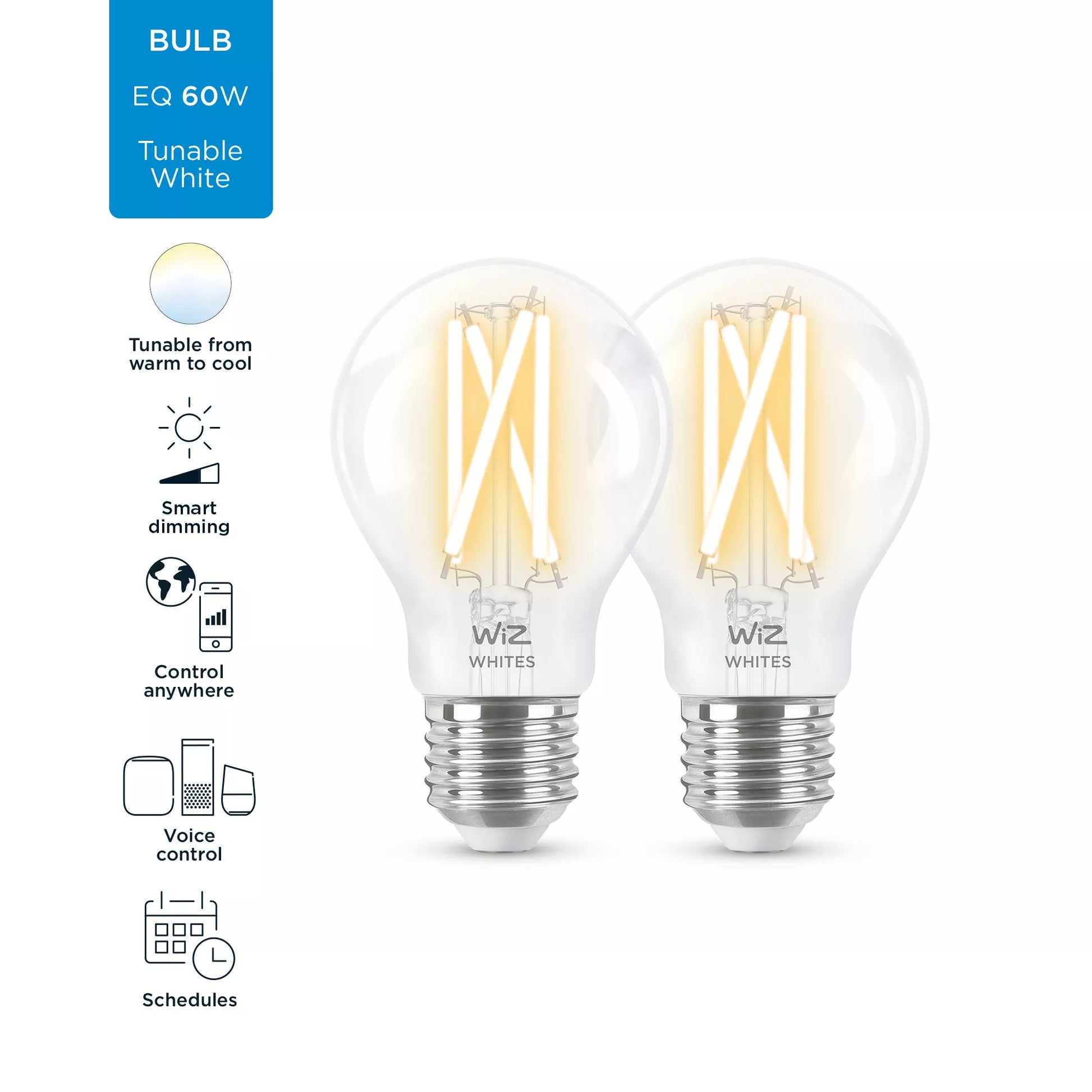 WiZ Smart-Leuchtmittel E27 A60 – 2700–6500 K, 806 lm, 7 W, WLAN/Bluetooth – für SmartThings – 2 Stk.