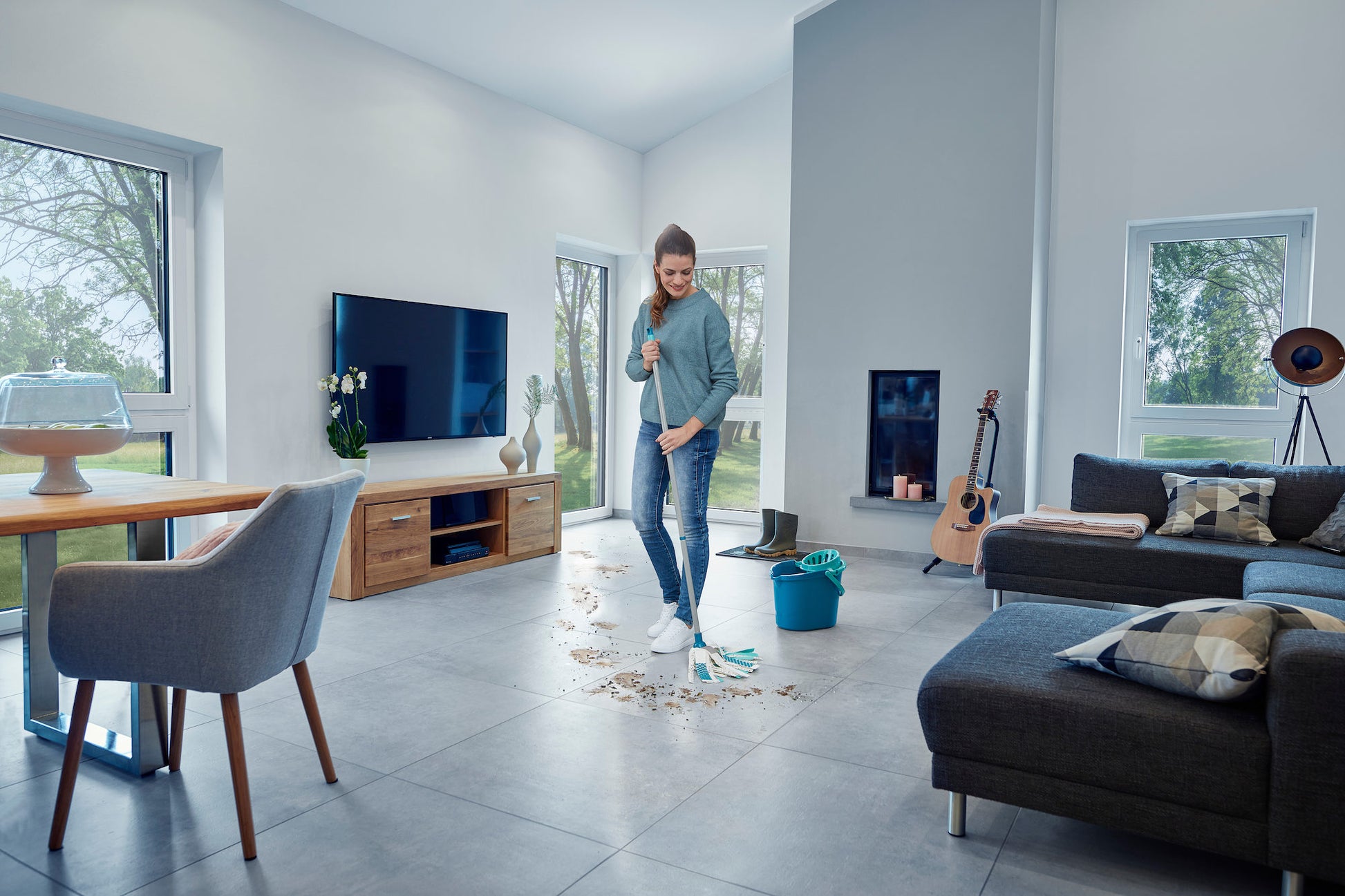Leifheit Flachwischer Power Mop 3in1 – türkis – Mikrofaser/Viskose
