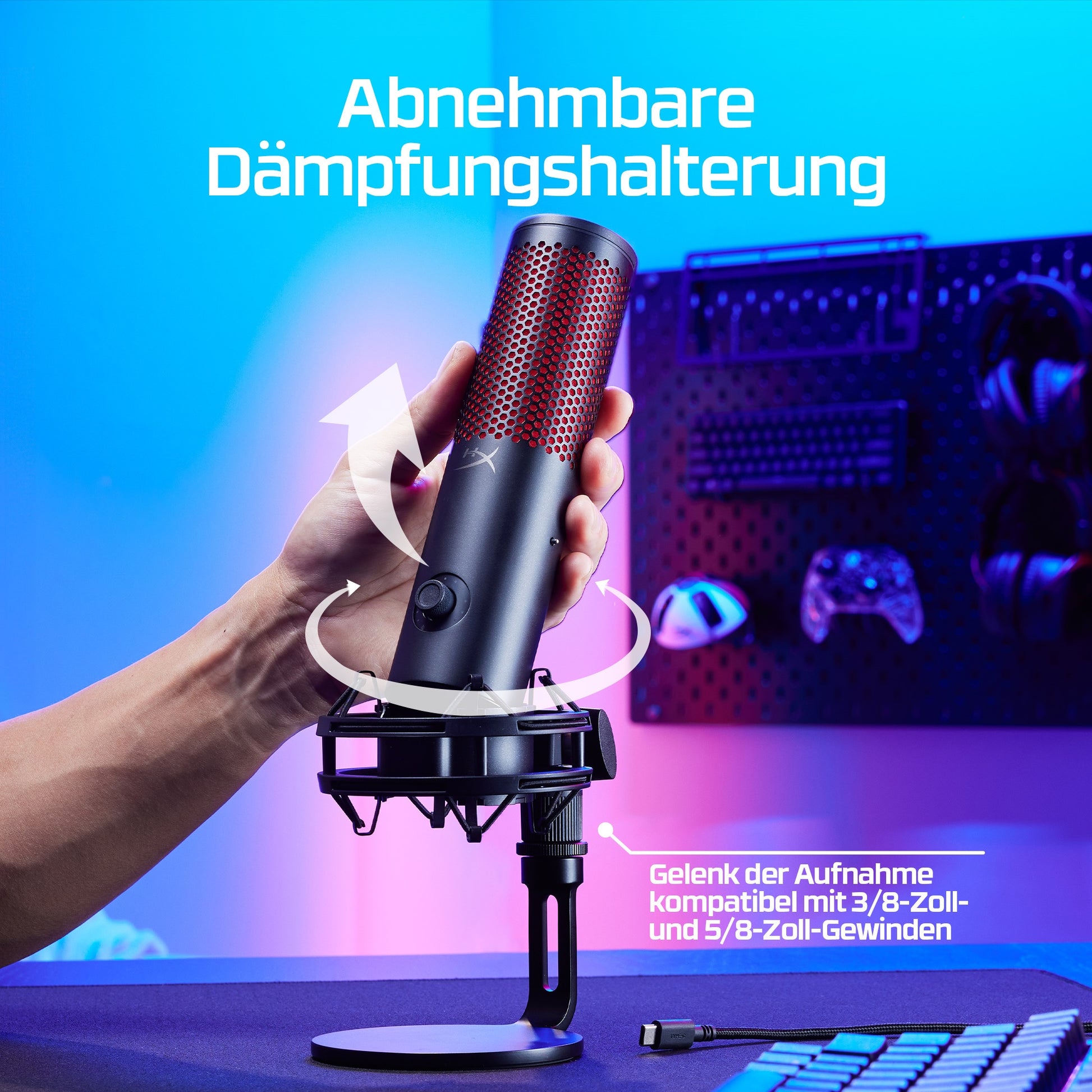 HyperX QuadCast 2 Tischmikrofon – USB-A/3,5 mm Klinke, Niere, 24 Bit/96 kHz – Schwarz