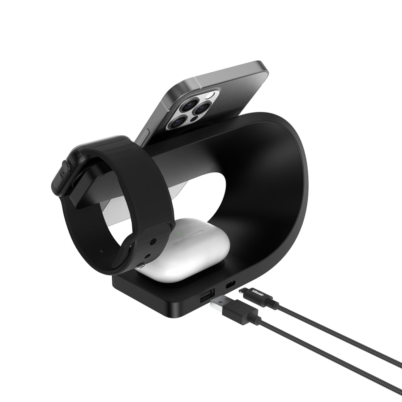 Vinnic DIRAN 4-in-1 Ladeständer – Qi – 15 W/3 W/5 W – magnetisch – für iPhone/Apple Watch/AirPods – Schwarz