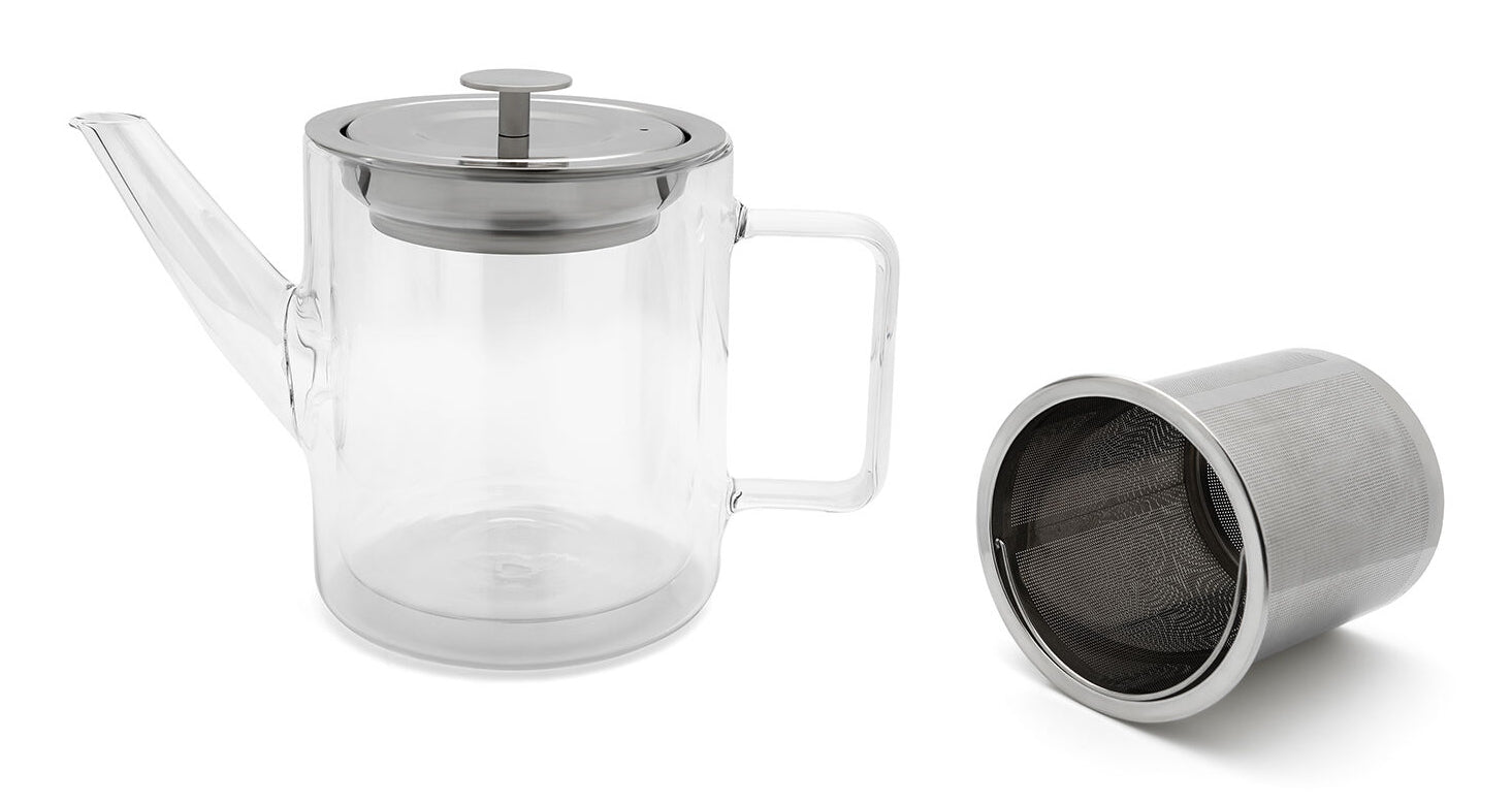 Bredemeijer Teekanne San Remo – 1 l, 16,1 × 12,7 × 23,4 cm, Glas/Edelstahl, doppelwandig, Edelstahl-Teefilter