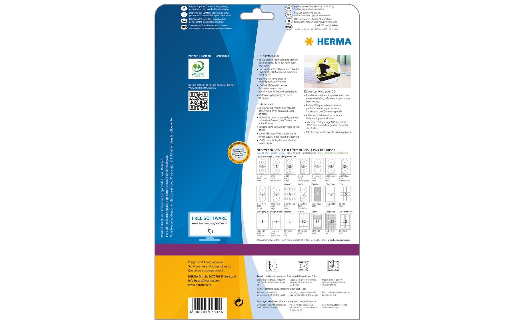 HERMA CD-/DVD-Etiketten, Ø 116 mm, weiss, Papier, permanent, 50 Etiketten (25 Blatt)