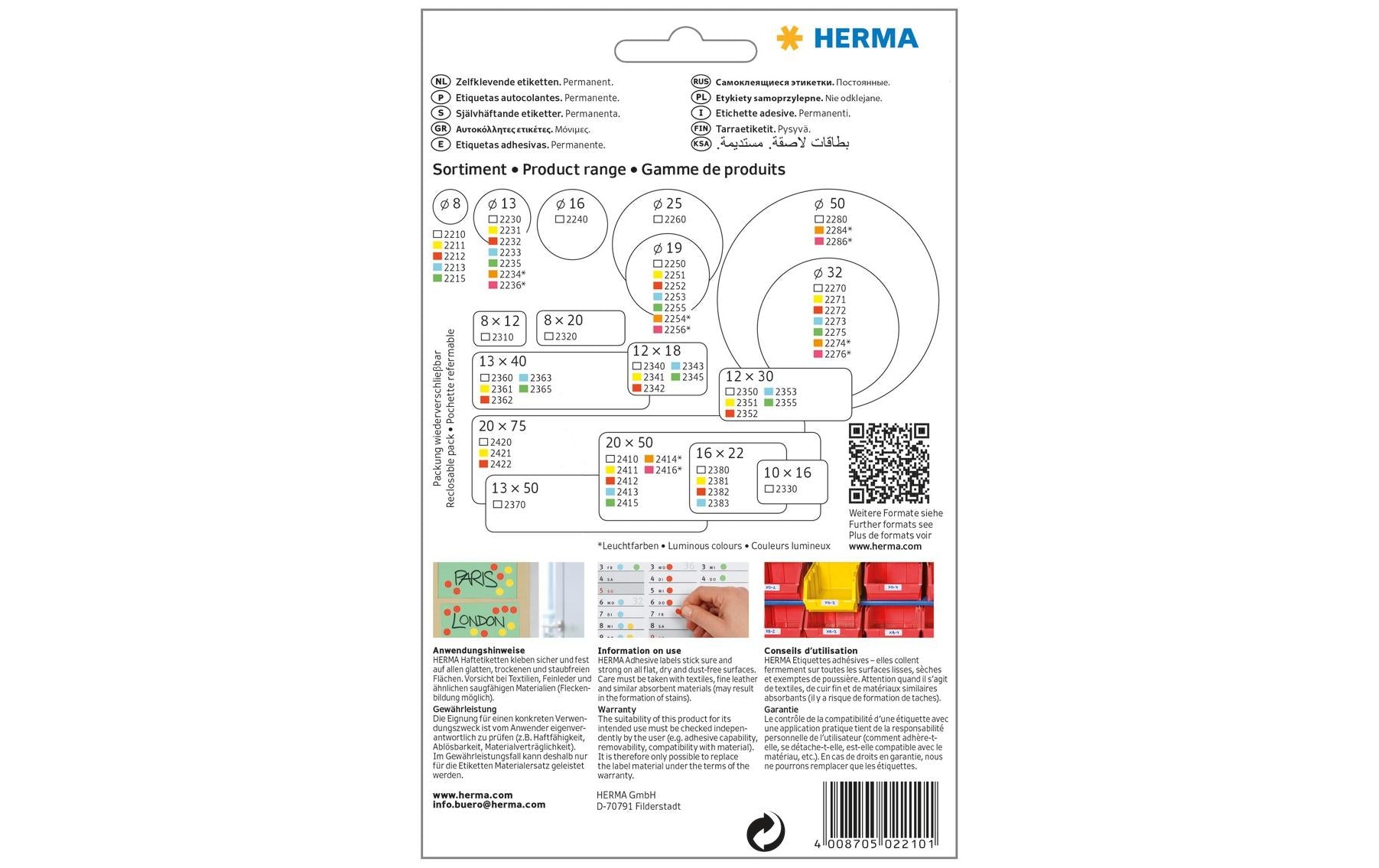 HERMA Haftetiketten – rund Ø 8 mm, permanent, weiss, 32 Blatt (5'632 Stk.)