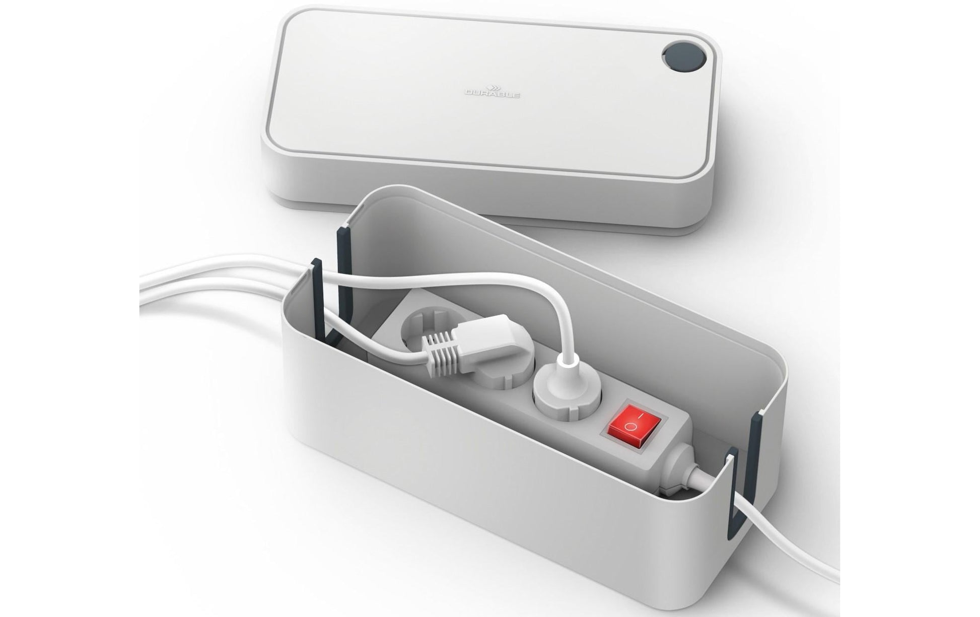 Durable Kabelbox Box S – 246 × 128 mm, Kunststoff, Grau, rutschfeste Gummifüsse, für 3fach-Steckdosenleiste