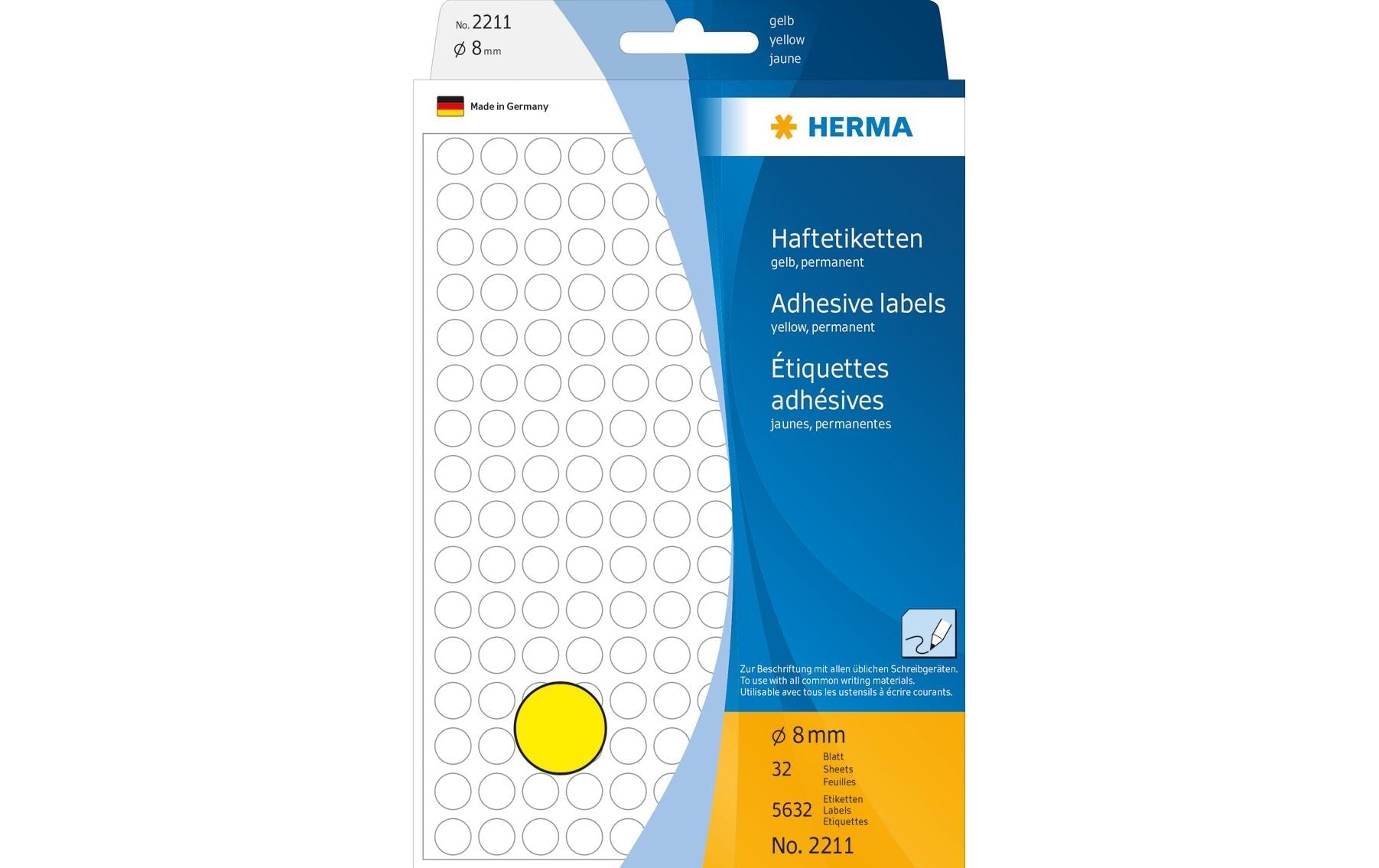 HERMA Haftetiketten – rund Ø 8 mm, permanent, gelb, Bogen 111 × 170 mm, 32 Blätter (5'632 Stk.)