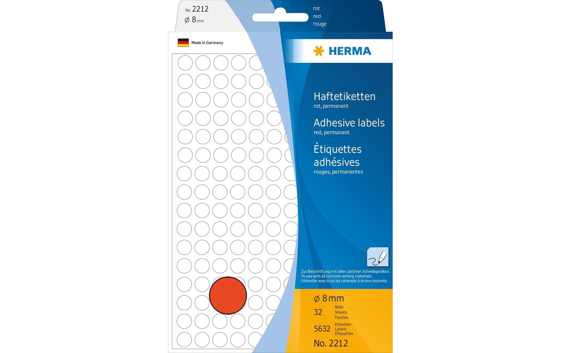 HERMA Haftetiketten – Ø 8 mm, permanent, rot, Bogen 111 × 170 mm, 32 Blätter (5'632 Stk.)