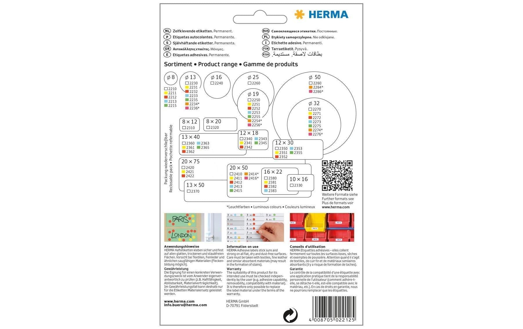 HERMA Haftetiketten – Ø 8 mm, permanent, rot, Bogen 111 × 170 mm, 32 Blätter (5'632 Stk.)