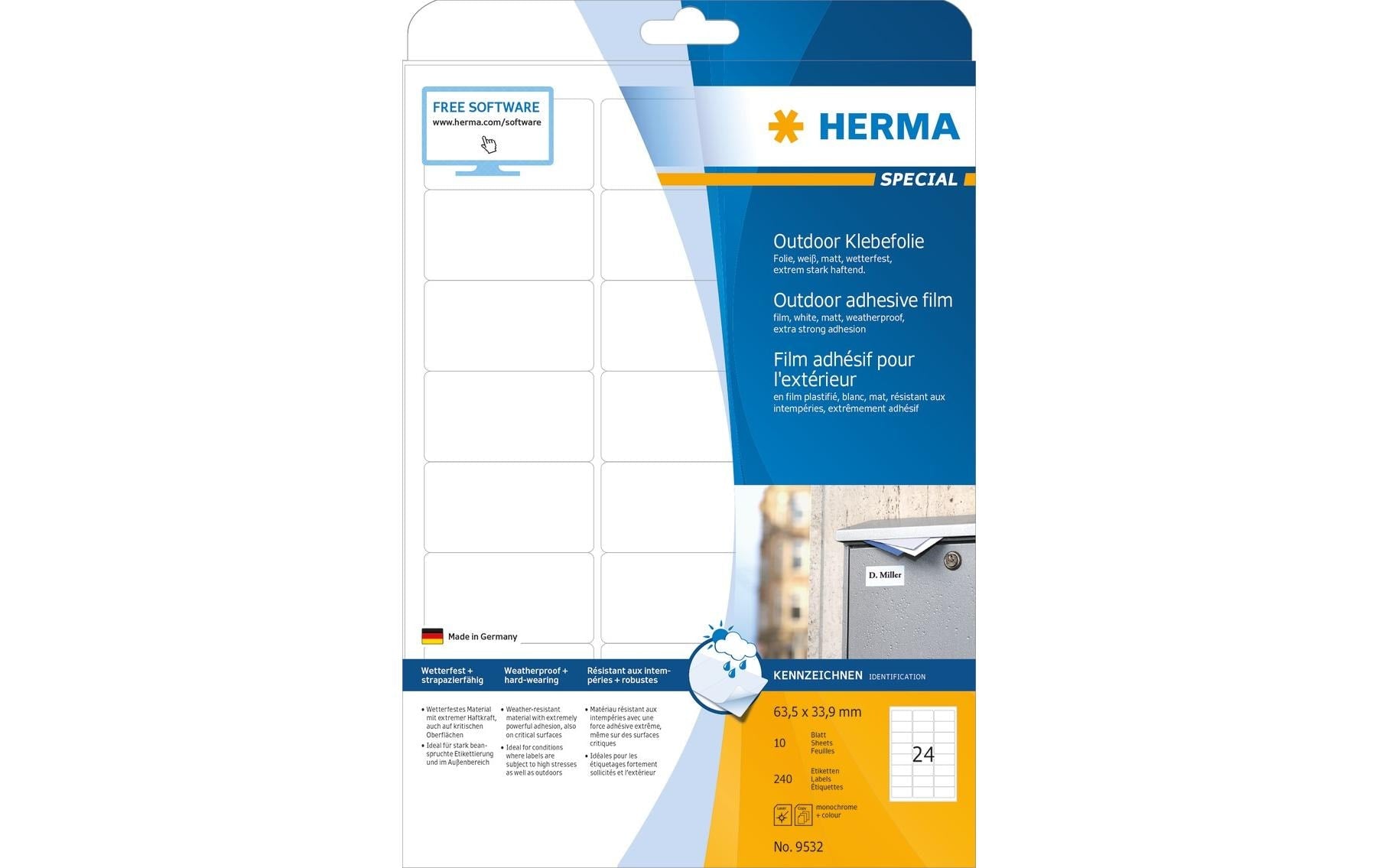 HERMA Druckeretiketten, 63,5 mm × 33,9 mm, weiss, Folie, extra stark, 240 Etiketten (10 Blatt)