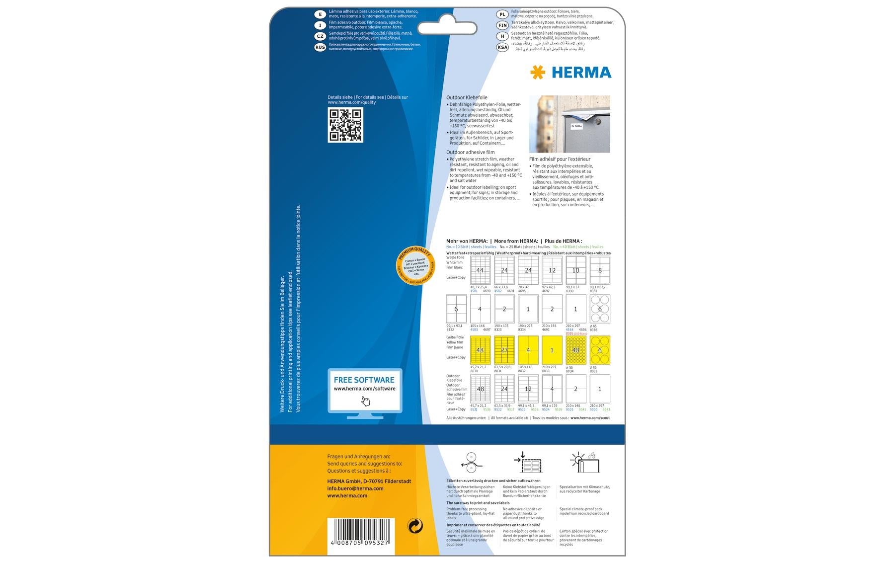 HERMA Druckeretiketten, 63,5 mm × 33,9 mm, weiss, Folie, extra stark, 240 Etiketten (10 Blatt)