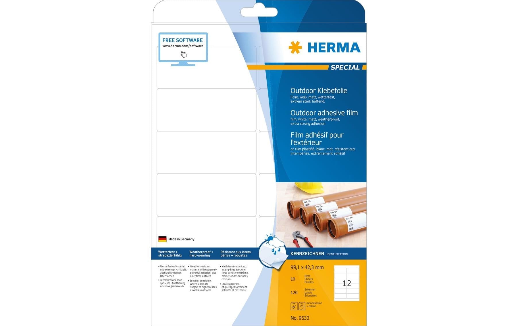 HERMA Selbstklebende Etiketten (A4-Bogen), 99 mm × 42 mm, weiss, Folie, extra stark, 120 Etiketten