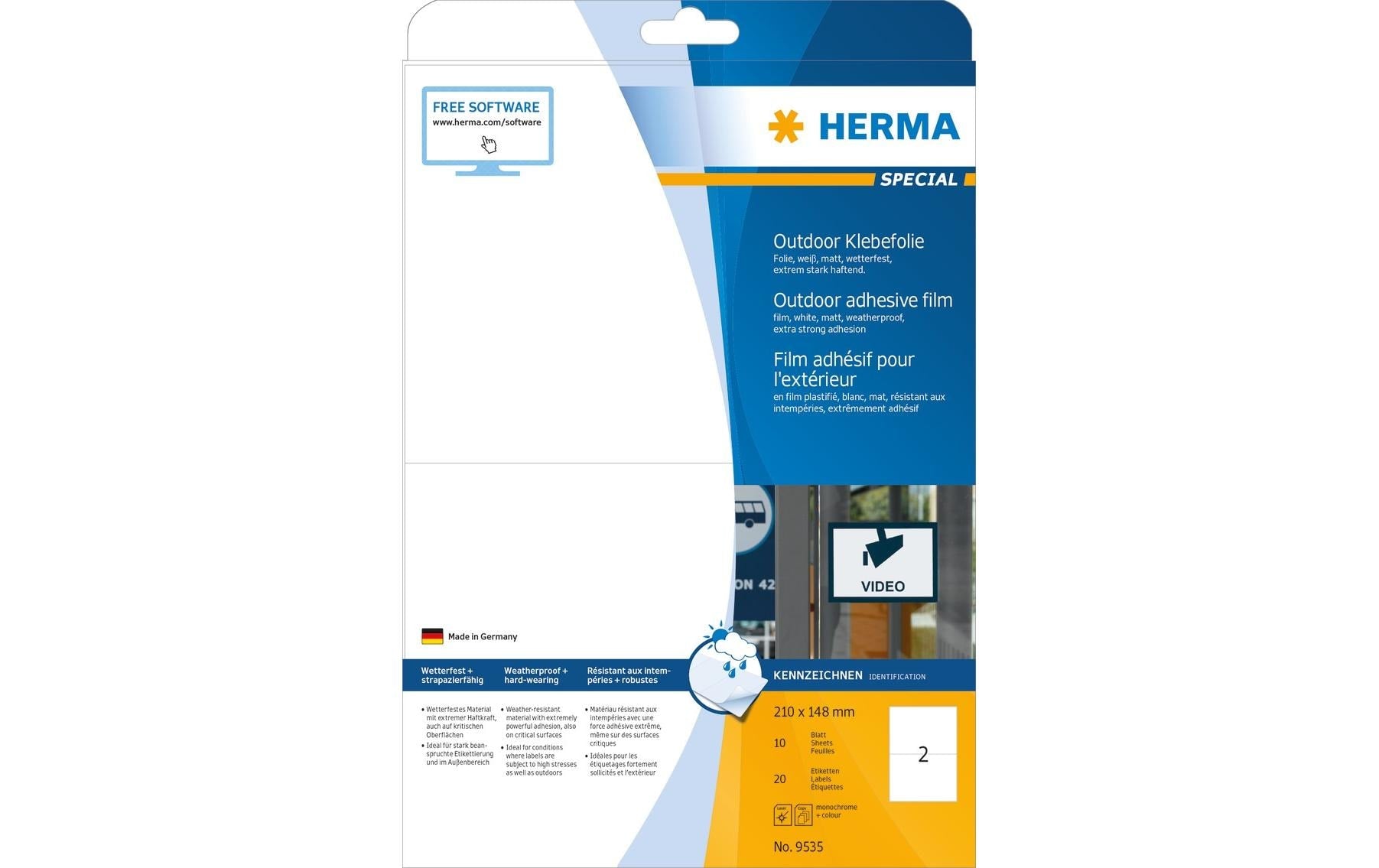 HERMA Drucketiketten, 210 mm × 148 mm, weiss, Folie, extra stark, 20 Etiketten (10 Blätter)