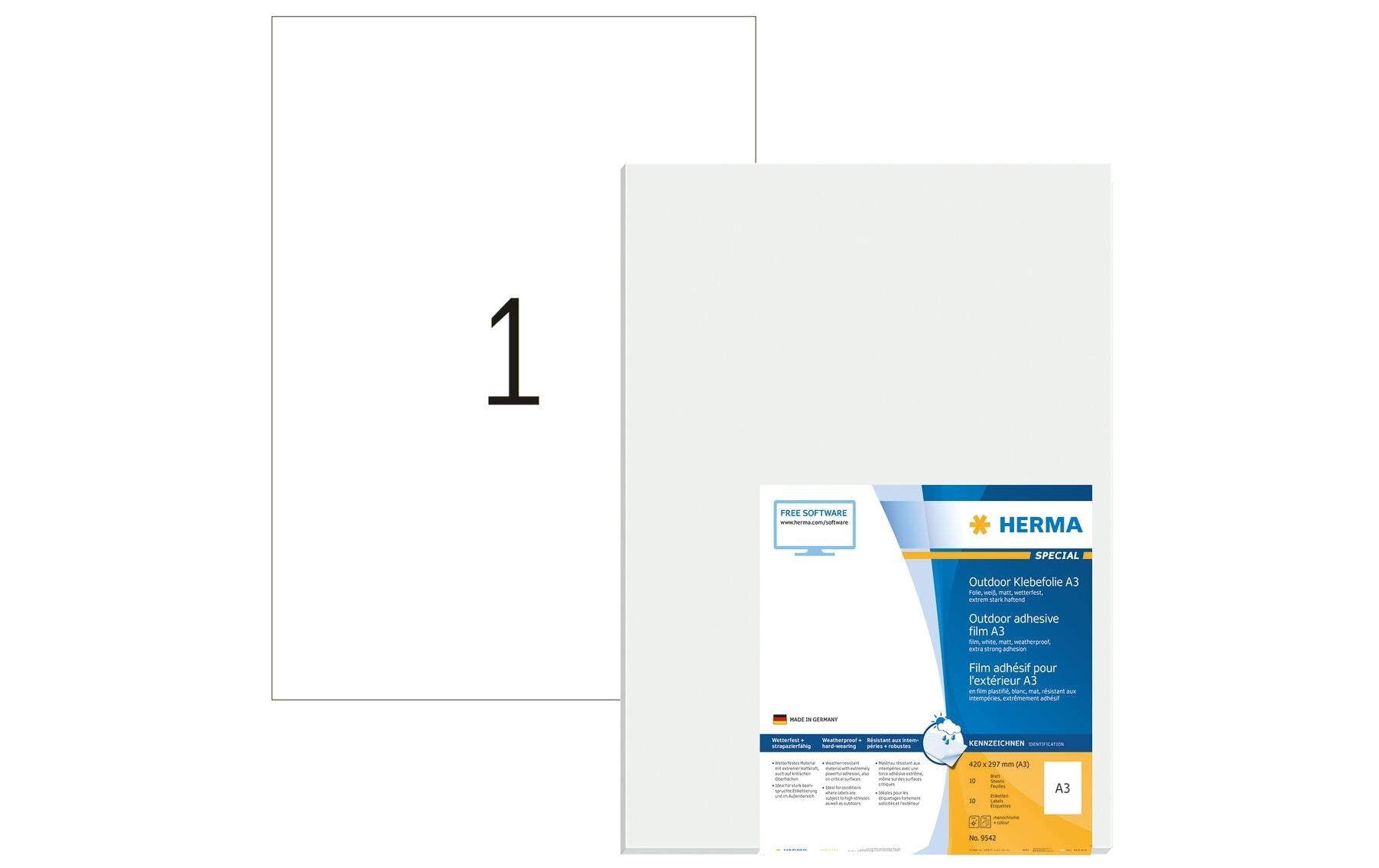 HERMA Bogenetiketten, 420 mm × 297 mm, weiss, Folie, extra stark, 10 Blatt