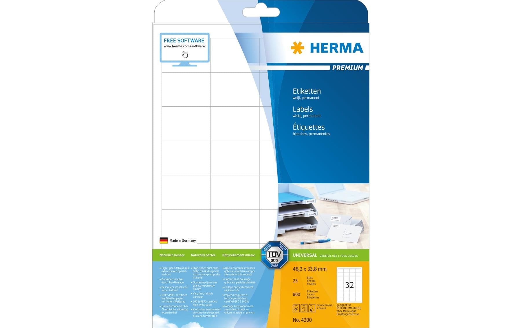 HERMA Druckeretiketten, 48 mm × 34 mm, weiss, Papier, permanent, 25 Blatt (800 Etiketten)