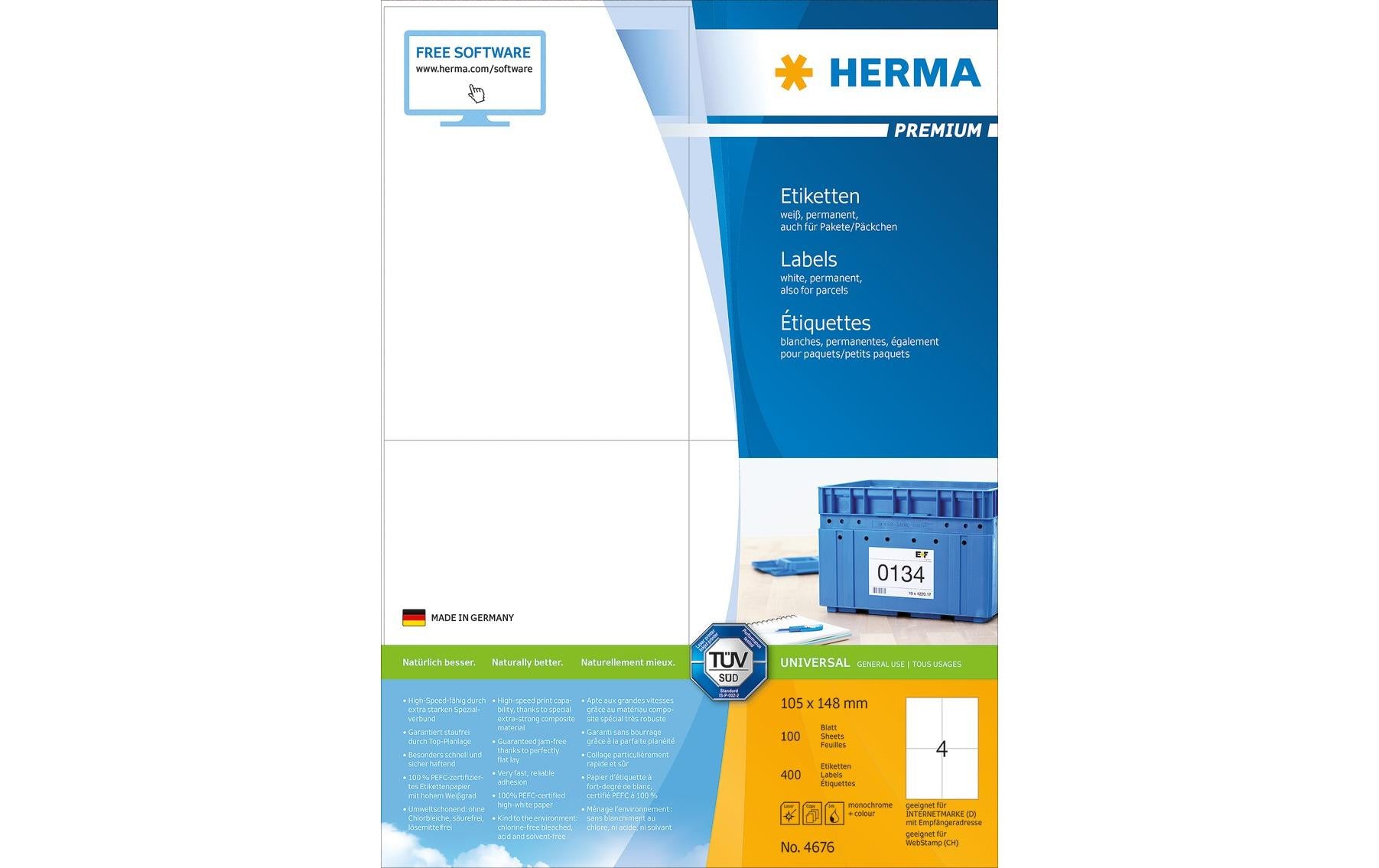 HERMA Druckeretiketten, 105 mm × 148 mm, weiss, Papier, permanent, 400 Etiketten (100 Blätter)