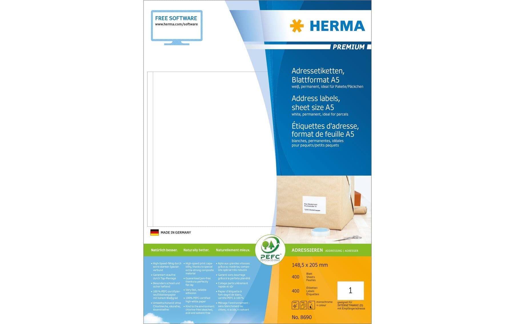 HERMA Drucketiketten, 149 mm × 205 mm, weiss, Papier, permanent, 400 Blatt